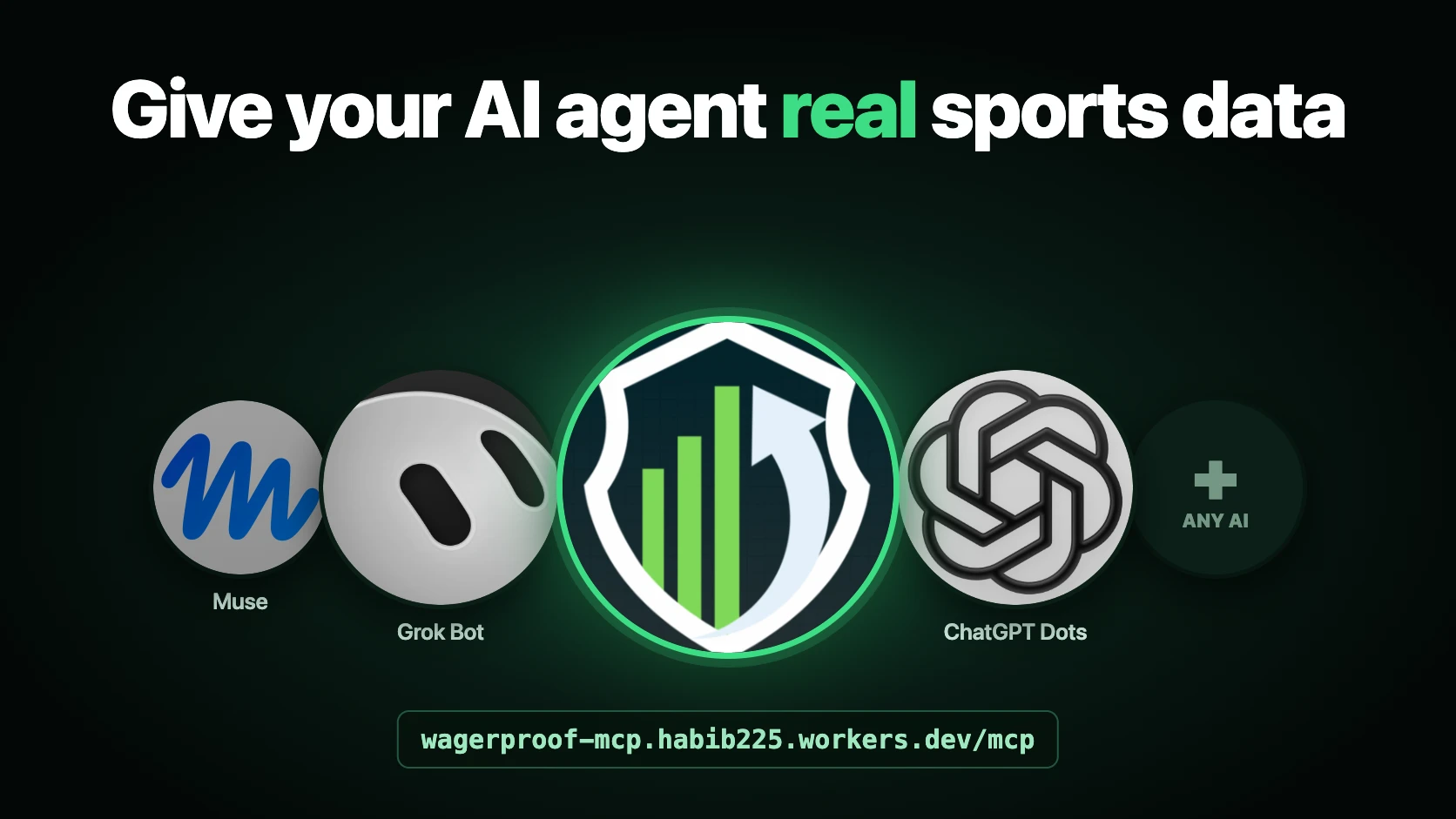 The WagerProof app icon at the center of a carousel of AI agent icons: Muse, Grok Bot, ChatGPT and any AI, under the title Give your AI agent real sports data