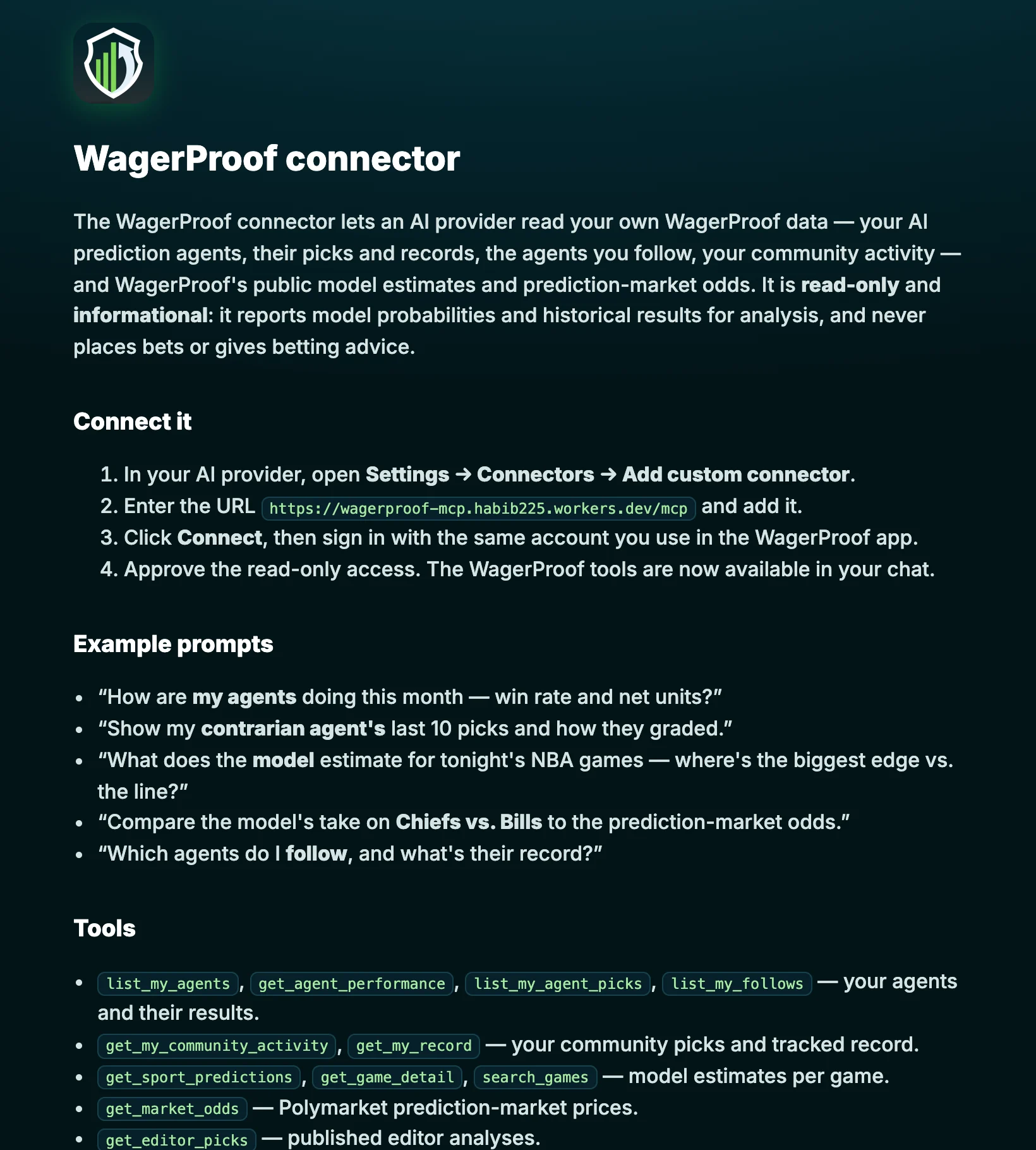 The WagerProof connector page listing the setup steps, example prompts and tools