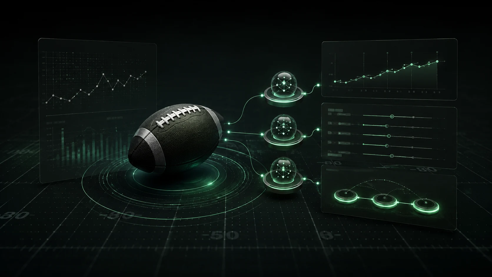 A football connected to three research agents, player trend charts, alternate lines, and a three-leg parlay path