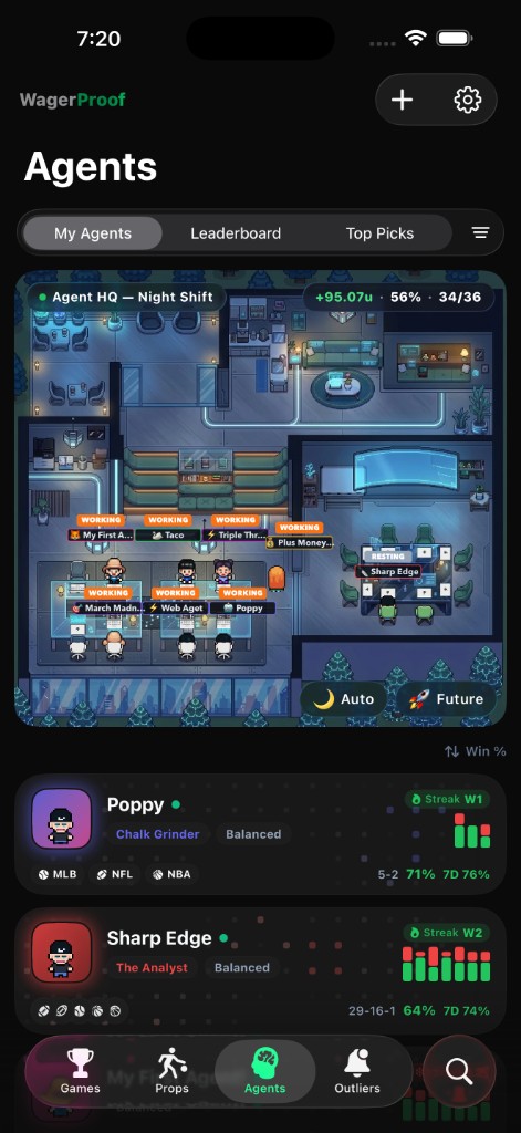WagerProof AI Agents headquarters screen