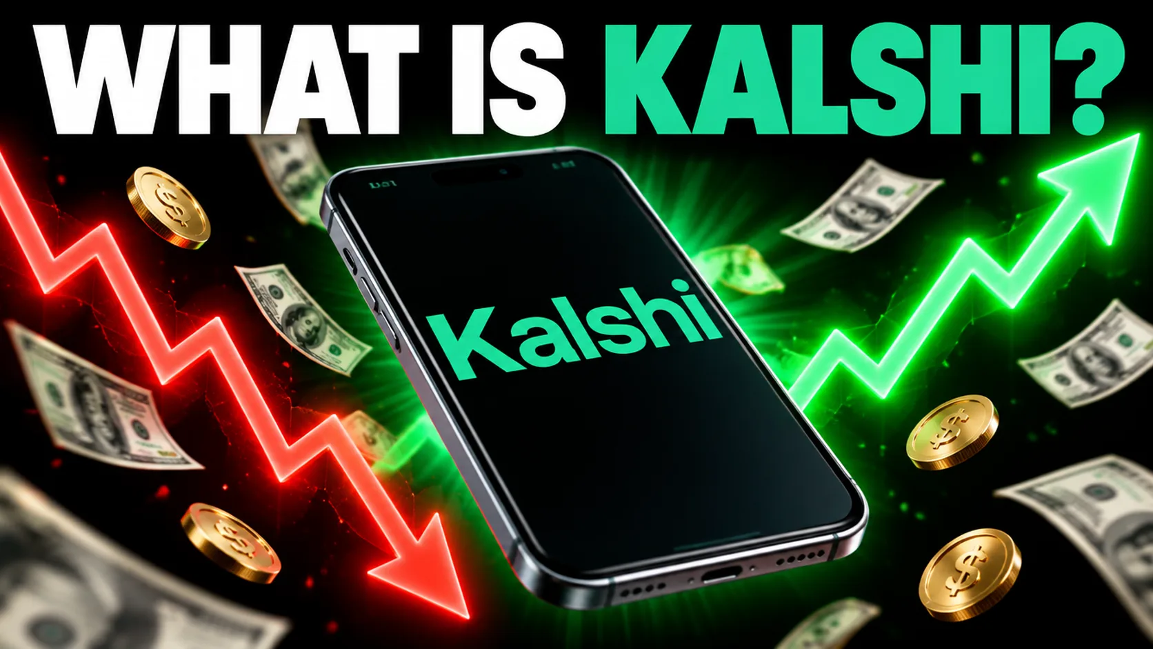 What is Kalshi? title over a phone showing the Kalshi wordmark between a red falling arrow and a green rising arrow