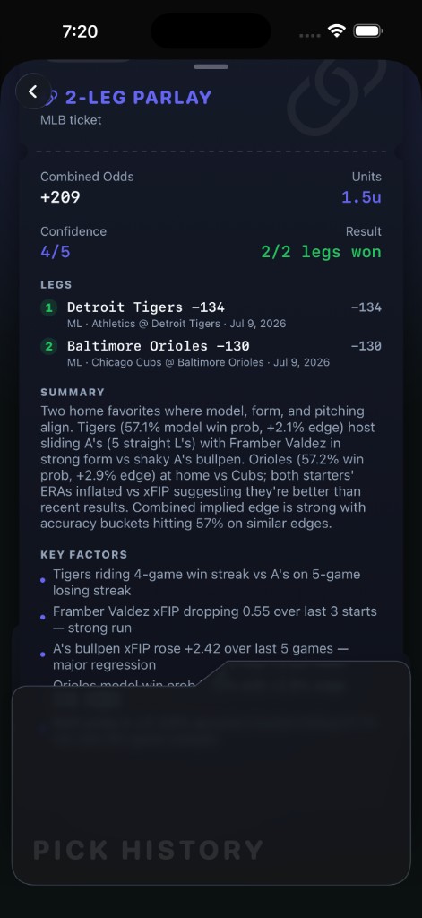 WagerProof mobile parlay ticket detail with leg breakdown, summary, and key factors