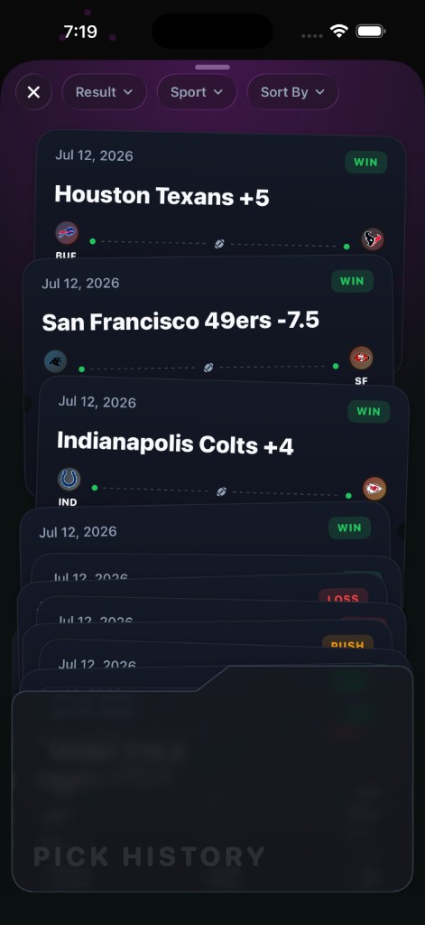 WagerProof mobile pick history stack of graded win, loss, and push cards